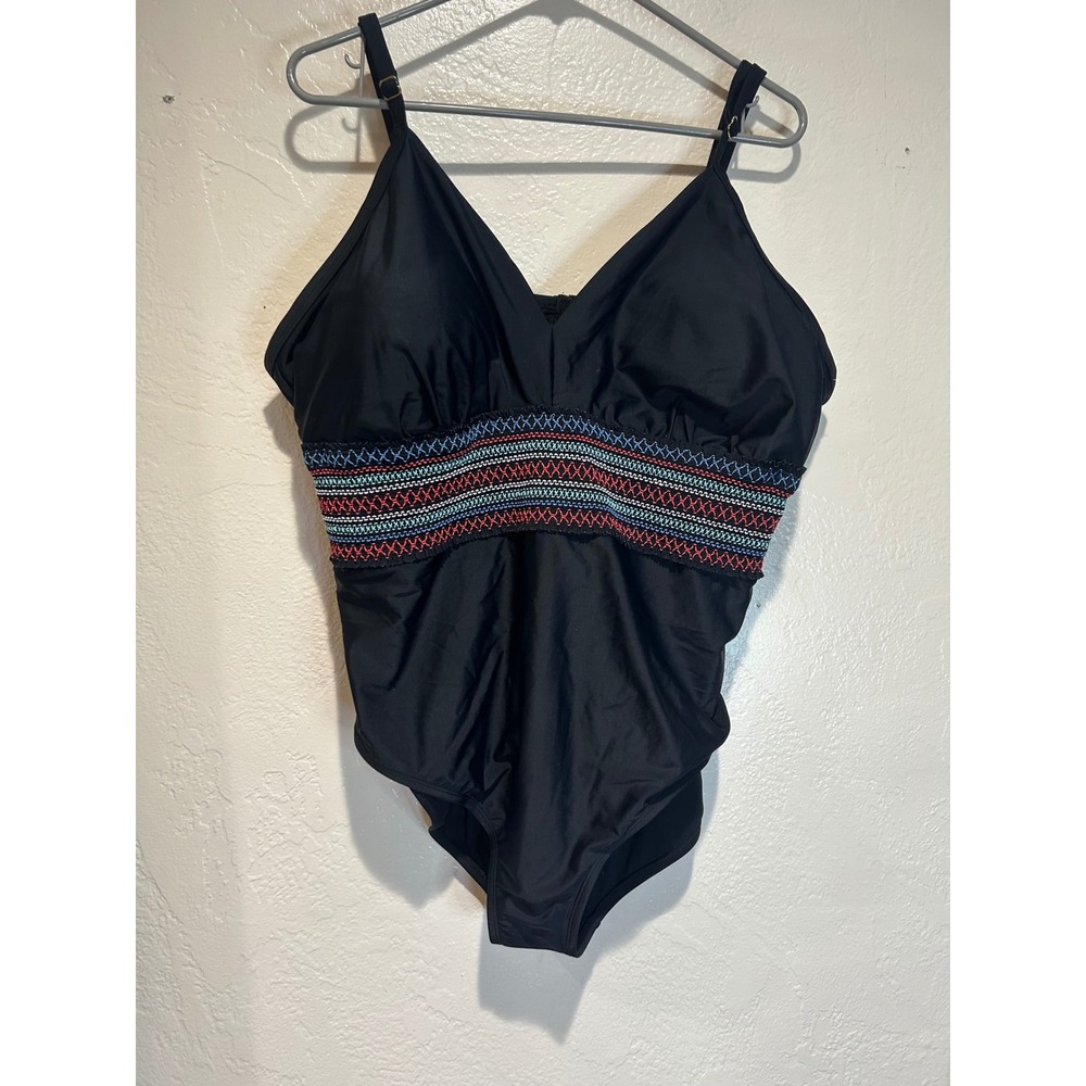 dip Womens Black One Piece Swimsuit 3X Embroidered Smocked Waist V-Neck Swimwear
